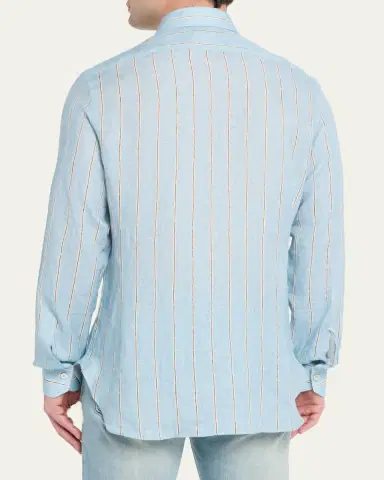 Kiton Men's Linen Stripe Button-Down Shirt with Mother-Of-Pearl | Thumbnail 3 Kiton Men's Linen Stripe Button-Down Shirt with Mother-Of-Pearl | Thumbnail 3