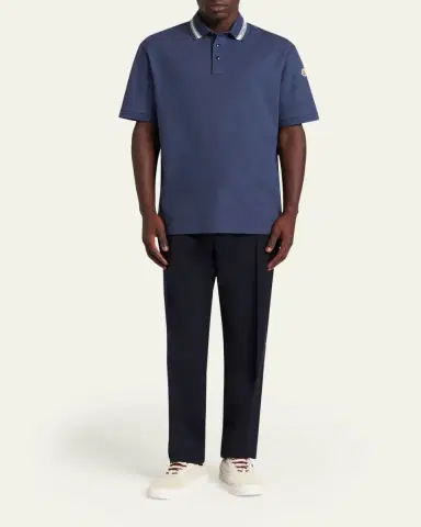 Moncler Men's Stripe-Trim Cotton Pique Polo Shirt | Thumbnail 2 Moncler Men's Stripe-Trim Cotton Pique Polo Shirt | Thumbnail 2