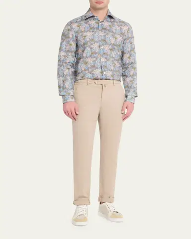 Kiton Men's Palm-Print Linen Button-Down Shirt with Mother-Of-Pearl | Thumbnail 2 Kiton Men's Palm-Print Linen Button-Down Shirt with Mother-Of-Pearl | Thumbnail 2