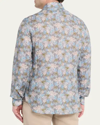 Kiton Men's Palm-Print Linen Button-Down Shirt with Mother-Of-Pearl | Thumbnail 3 Kiton Men's Palm-Print Linen Button-Down Shirt with Mother-Of-Pearl | Thumbnail 3