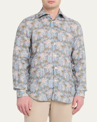 Kiton Men's Palm-Print Linen Button-Down Shirt with Mother-Of-Pearl | Thumbnail 4 Kiton Men's Palm-Print Linen Button-Down Shirt with Mother-Of-Pearl | Thumbnail 4