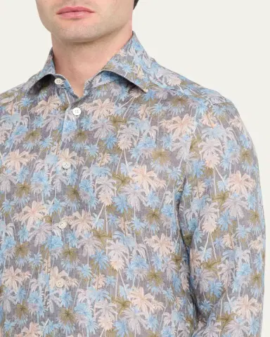 Kiton Men's Palm-Print Linen Button-Down Shirt with Mother-Of-Pearl | Thumbnail 5 Kiton Men's Palm-Print Linen Button-Down Shirt with Mother-Of-Pearl | Thumbnail 5
