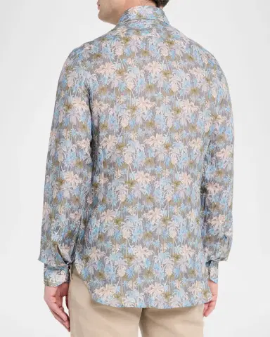 Kiton Men's Palm-Print Linen Button-Down Shirt with Mother-Of-Pearl | Thumbnail 7 Kiton Men's Palm-Print Linen Button-Down Shirt with Mother-Of-Pearl | Thumbnail 7
