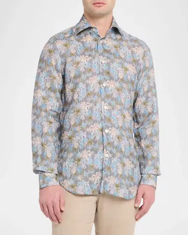 Kiton Men's Palm-Print Linen Button-Down Shirt with Mother-Of-Pearl | Thumbnail 8 Kiton Men's Palm-Print Linen Button-Down Shirt with Mother-Of-Pearl | Thumbnail 8