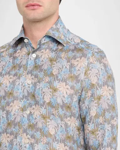 Kiton Men's Palm-Print Linen Button-Down Shirt with Mother-Of-Pearl | Thumbnail 9 Kiton Men's Palm-Print Linen Button-Down Shirt with Mother-Of-Pearl | Thumbnail 9