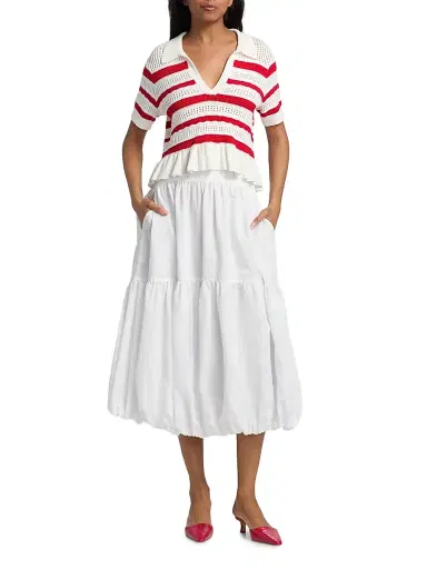 Cinq à Sept Women's Elvire Striped Pointelle Polo Sweater - Goji Berry | Thumbnail 2 Cinq à Sept Women's Elvire Striped Pointelle Polo Sweater - Goji Berry | Thumbnail 2