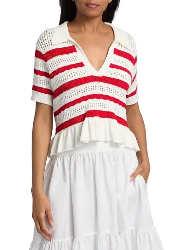 Cinq à Sept Women's Elvire Striped Pointelle Polo Sweater - Goji Berry | Thumbnail 3 Cinq à Sept Women's Elvire Striped Pointelle Polo Sweater - Goji Berry | Thumbnail 3