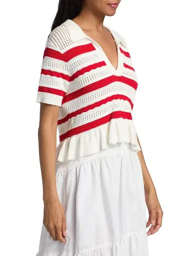 Cinq à Sept Women's Elvire Striped Pointelle Polo Sweater - Goji Berry | Thumbnail 4 Cinq à Sept Women's Elvire Striped Pointelle Polo Sweater - Goji Berry | Thumbnail 4