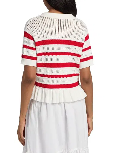 Cinq à Sept Women's Elvire Striped Pointelle Polo Sweater - Goji Berry | Thumbnail 5 Cinq à Sept Women's Elvire Striped Pointelle Polo Sweater - Goji Berry | Thumbnail 5