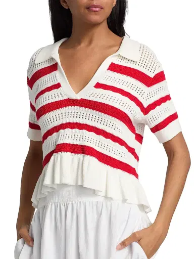 Cinq à Sept Women's Elvire Striped Pointelle Polo Sweater - Goji Berry | Thumbnail 6 Cinq à Sept Women's Elvire Striped Pointelle Polo Sweater - Goji Berry | Thumbnail 6