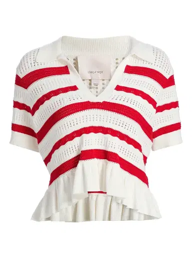 Cinq à Sept Women's Elvire Striped Pointelle Polo Sweater - Goji Berry | Thumbnail 1 Cinq à Sept Women's Elvire Striped Pointelle Polo Sweater - Goji Berry | Thumbnail 1