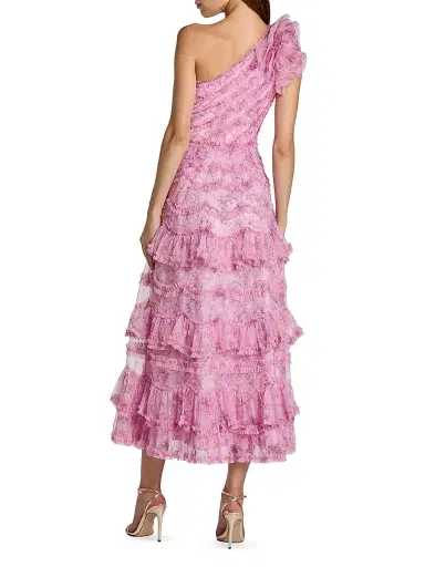 Mac Duggal Women's Baroque Mesh Ruffled One-Shoulder Midi-Dress - Pastel Multi | Thumbnail 2 Mac Duggal Women's Baroque Mesh Ruffled One-Shoulder Midi-Dress - Pastel Multi | Thumbnail 2