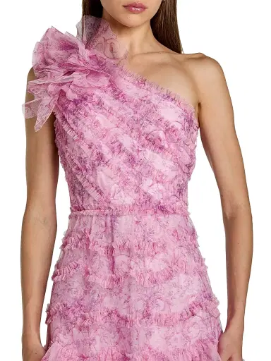 Mac Duggal Women's Baroque Mesh Ruffled One-Shoulder Midi-Dress - Pastel Multi | Thumbnail 3 Mac Duggal Women's Baroque Mesh Ruffled One-Shoulder Midi-Dress - Pastel Multi | Thumbnail 3