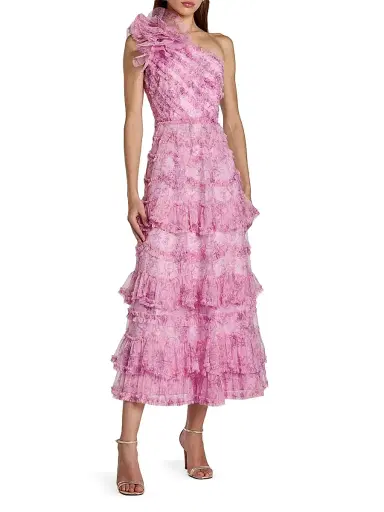 Mac Duggal Women's Baroque Mesh Ruffled One-Shoulder Midi-Dress - Pastel Multi | Thumbnail 1 Mac Duggal Women's Baroque Mesh Ruffled One-Shoulder Midi-Dress - Pastel Multi | Thumbnail 1