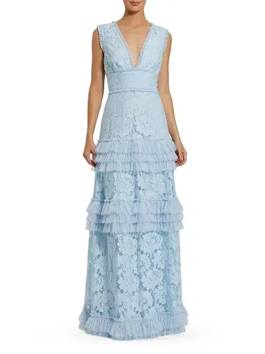 Mac Duggal Women's Floral Lace Tiered Gown - Powder Blue | Thumbnail 1 Mac Duggal Women's Floral Lace Tiered Gown - Powder Blue | Thumbnail 1