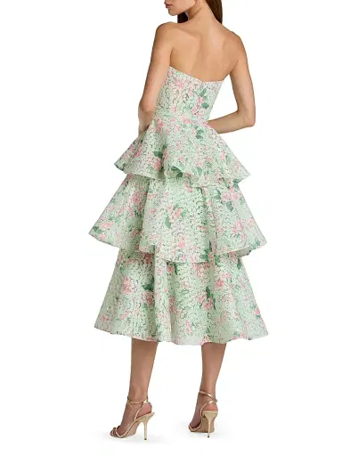 Mac Duggal Women's Floral Net Tiered Strapless Midi-Dress - Mint Multi | Thumbnail 2 Mac Duggal Women's Floral Net Tiered Strapless Midi-Dress - Mint Multi | Thumbnail 2