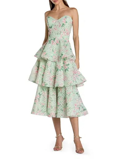 Mac Duggal Women's Floral Net Tiered Strapless Midi-Dress - Mint Multi | Thumbnail 1 Mac Duggal Women's Floral Net Tiered Strapless Midi-Dress - Mint Multi | Thumbnail 1
