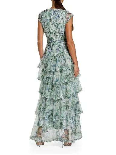 Mac Duggal Women's Floral Mesh Ruffled V-Neck Maxi Dress - Blue Multi | Thumbnail 2 Mac Duggal Women's Floral Mesh Ruffled V-Neck Maxi Dress - Blue Multi | Thumbnail 2