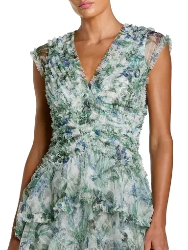 Mac Duggal Women's Floral Mesh Ruffled V-Neck Maxi Dress - Blue Multi | Thumbnail 3 Mac Duggal Women's Floral Mesh Ruffled V-Neck Maxi Dress - Blue Multi | Thumbnail 3