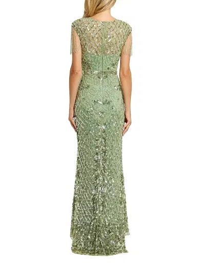 Mac Duggal Women's Petite Embellished Fringe Column Gown - Sage - Size Petite 14 | Thumbnail 2 Mac Duggal Women's Petite Embellished Fringe Column Gown - Sage - Size Petite 14 | Thumbnail 2
