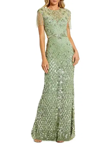 Mac Duggal Women's Petite Embellished Fringe Column Gown - Sage - Size Petite 14 | Thumbnail 1 Mac Duggal Women's Petite Embellished Fringe Column Gown - Sage - Size Petite 14 | Thumbnail 1