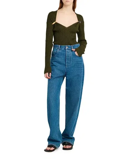 Bottega Veneta Women's Cotton High-Rise Wide-Leg Jeans - Mid Blue - Size 10 | Thumbnail 2 Bottega Veneta Women's Cotton High-Rise Wide-Leg Jeans - Mid Blue - Size 10 | Thumbnail 2