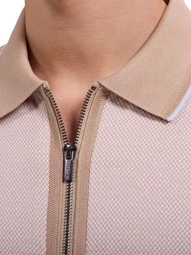 Bugatchi Men's Pin Check Cotton Quarter-Zip Polo Shirt - Sand - Size Small | Thumbnail 5 Bugatchi Men's Pin Check Cotton Quarter-Zip Polo Shirt - Sand - Size Small | Thumbnail 5