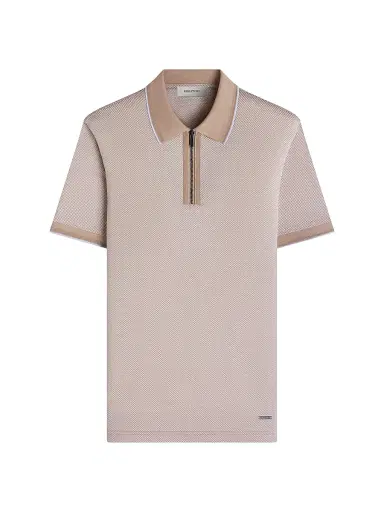 Bugatchi Men's Pin Check Cotton Quarter-Zip Polo Shirt - Sand - Size Small | Thumbnail 1 Bugatchi Men's Pin Check Cotton Quarter-Zip Polo Shirt - Sand - Size Small | Thumbnail 1
