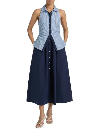 Tanya Taylor Women's Hannah Striped Cotton Midi-Dress - Cloudy Blue Optic White | Thumbnail 2 Tanya Taylor Women's Hannah Striped Cotton Midi-Dress - Cloudy Blue Optic White | Thumbnail 2
