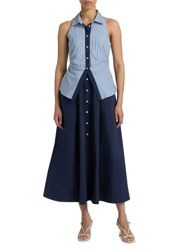 Tanya Taylor Women's Hannah Striped Cotton Midi-Dress - Cloudy Blue Optic White | Thumbnail 3 Tanya Taylor Women's Hannah Striped Cotton Midi-Dress - Cloudy Blue Optic White | Thumbnail 3