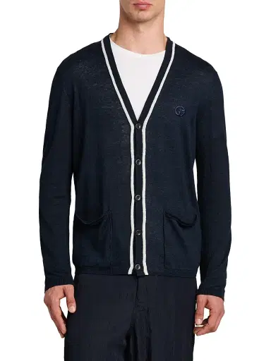 Giorgio Armani Men's Contrast-Trim Linen-Silk Cardigan - Navy | Thumbnail 3 Giorgio Armani Men's Contrast-Trim Linen-Silk Cardigan - Navy | Thumbnail 3