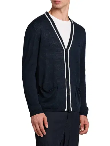 Giorgio Armani Men's Contrast-Trim Linen-Silk Cardigan - Navy | Thumbnail 4 Giorgio Armani Men's Contrast-Trim Linen-Silk Cardigan - Navy | Thumbnail 4