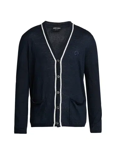 Giorgio Armani Men's Contrast-Trim Linen-Silk Cardigan - Navy | Thumbnail 1 Giorgio Armani Men's Contrast-Trim Linen-Silk Cardigan - Navy | Thumbnail 1