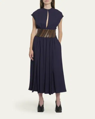 Alaïa Leather Belted Cap-Sleeve Midi Dress | Thumbnail 2 Alaïa Leather Belted Cap-Sleeve Midi Dress | Thumbnail 2