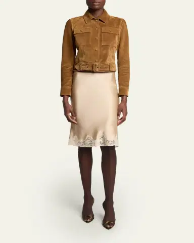 Saint Laurent Lace-Trim Satin Knee-Length Skirt | Thumbnail 2 Saint Laurent Lace-Trim Satin Knee-Length Skirt | Thumbnail 2
