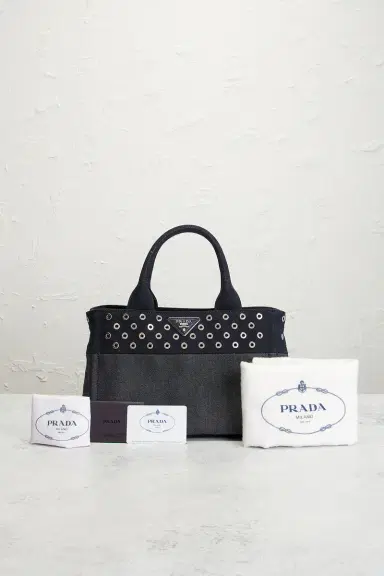 FWRD Renew Prada Studded Denim Canapa Tote Bag | Thumbnail 10 FWRD Renew Prada Studded Denim Canapa Tote Bag | Thumbnail 10