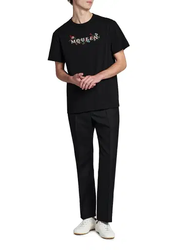 McQueen Men's Floral-Embroidered Logo Crewneck T-Shirt - Black Multi Colour | Thumbnail 2 McQueen Men's Floral-Embroidered Logo Crewneck T-Shirt - Black Multi Colour | Thumbnail 2