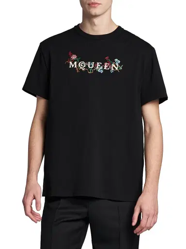 McQueen Men's Floral-Embroidered Logo Crewneck T-Shirt - Black Multi Colour | Thumbnail 3 McQueen Men's Floral-Embroidered Logo Crewneck T-Shirt - Black Multi Colour | Thumbnail 3