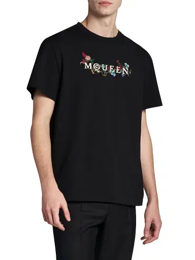 McQueen Men's Floral-Embroidered Logo Crewneck T-Shirt - Black Multi Colour | Thumbnail 4 McQueen Men's Floral-Embroidered Logo Crewneck T-Shirt - Black Multi Colour | Thumbnail 4