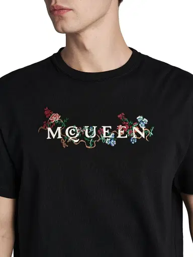 McQueen Men's Floral-Embroidered Logo Crewneck T-Shirt - Black Multi Colour | Thumbnail 6 McQueen Men's Floral-Embroidered Logo Crewneck T-Shirt - Black Multi Colour | Thumbnail 6