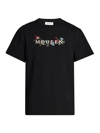 McQueen Men's Floral-Embroidered Logo Crewneck T-Shirt - Black Multi Colour | Thumbnail 1 McQueen Men's Floral-Embroidered Logo Crewneck T-Shirt - Black Multi Colour | Thumbnail 1