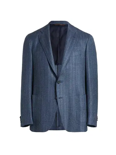 Canali Men's Denim Herringbone Patch Jacket - Blue | Thumbnail 1 Canali Men's Denim Herringbone Patch Jacket - Blue | Thumbnail 1