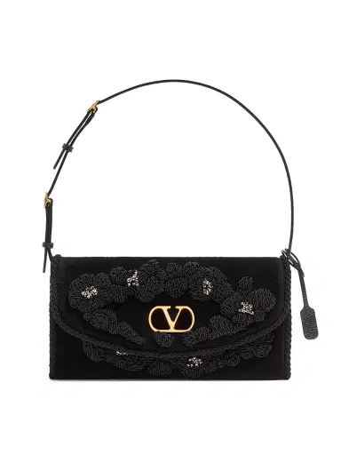 Valentino Garavani Women's Devain Embroidered Velvet Shoulder Bag - Black | Thumbnail 1 Valentino Garavani Women's Devain Embroidered Velvet Shoulder Bag - Black | Thumbnail 1