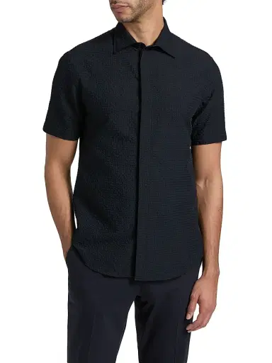 Emporio Armani Men's Textured Tech Seersucker Sport Shirt - Dark Navy | Thumbnail 3 Emporio Armani Men's Textured Tech Seersucker Sport Shirt - Dark Navy | Thumbnail 3