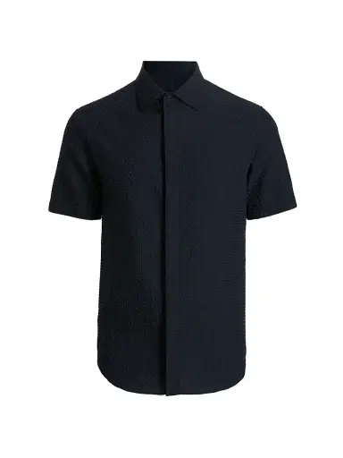 Emporio Armani Men's Textured Tech Seersucker Sport Shirt - Dark Navy | Thumbnail 1 Emporio Armani Men's Textured Tech Seersucker Sport Shirt - Dark Navy | Thumbnail 1