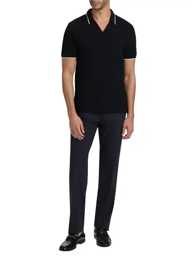 Emporio Armani Men's Piped Trim Cotton Johnny Collar Polo Shirt - Iconic Blue Navy | Thumbnail 2 Emporio Armani Men's Piped Trim Cotton Johnny Collar Polo Shirt - Iconic Blue Navy | Thumbnail 2