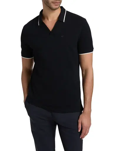 Emporio Armani Men's Piped Trim Cotton Johnny Collar Polo Shirt - Iconic Blue Navy | Thumbnail 3 Emporio Armani Men's Piped Trim Cotton Johnny Collar Polo Shirt - Iconic Blue Navy | Thumbnail 3