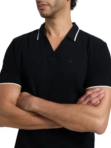 Emporio Armani Men's Piped Trim Cotton Johnny Collar Polo Shirt - Iconic Blue Navy | Thumbnail 6 Emporio Armani Men's Piped Trim Cotton Johnny Collar Polo Shirt - Iconic Blue Navy | Thumbnail 6