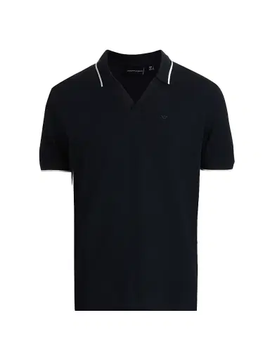 Emporio Armani Men's Piped Trim Cotton Johnny Collar Polo Shirt - Iconic Blue Navy | Thumbnail 1 Emporio Armani Men's Piped Trim Cotton Johnny Collar Polo Shirt - Iconic Blue Navy | Thumbnail 1