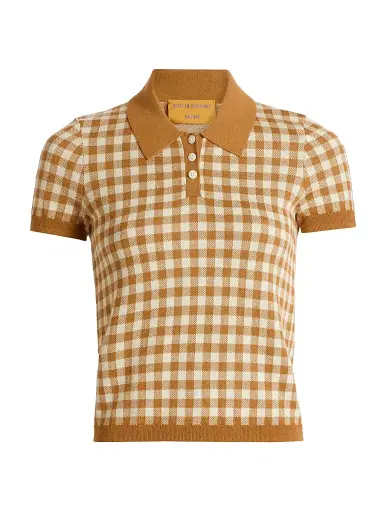 Guest In Residence Women's Gingham Silk-Linen Shrunken Polo Shirt | Thumbnail 1 Guest In Residence Women's Gingham Silk-Linen Shrunken Polo Shirt | Thumbnail 1